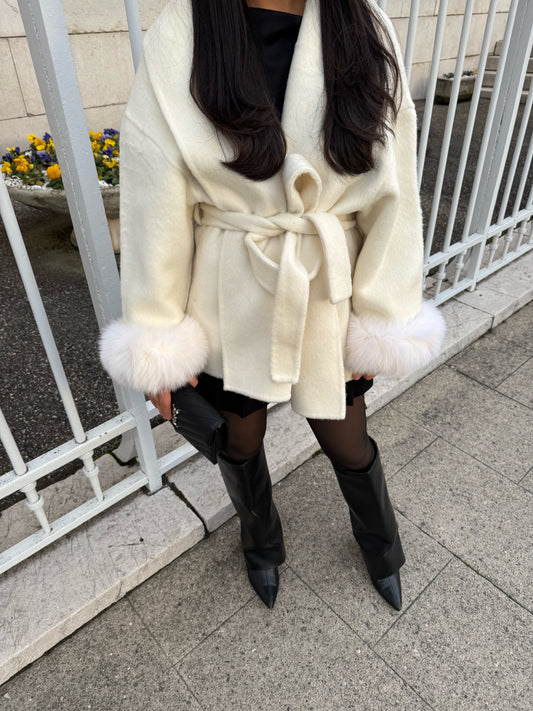 Beige Wool Coat with Fur