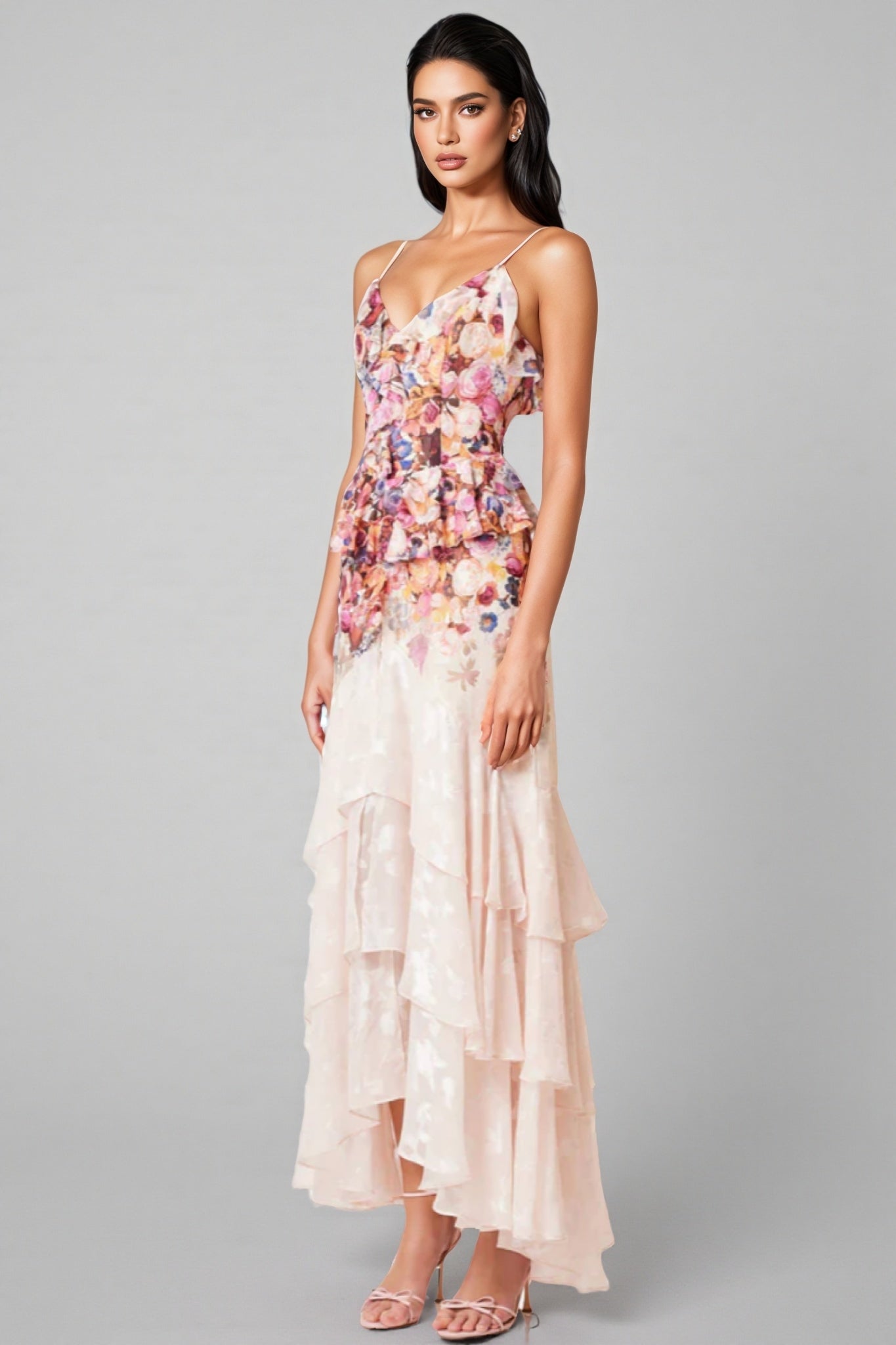 Anwes Pink Floral Frilled Maxi Dress