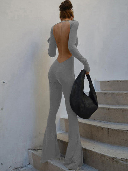 Backless Long Sleeve Flare Leg Jumpsuit
