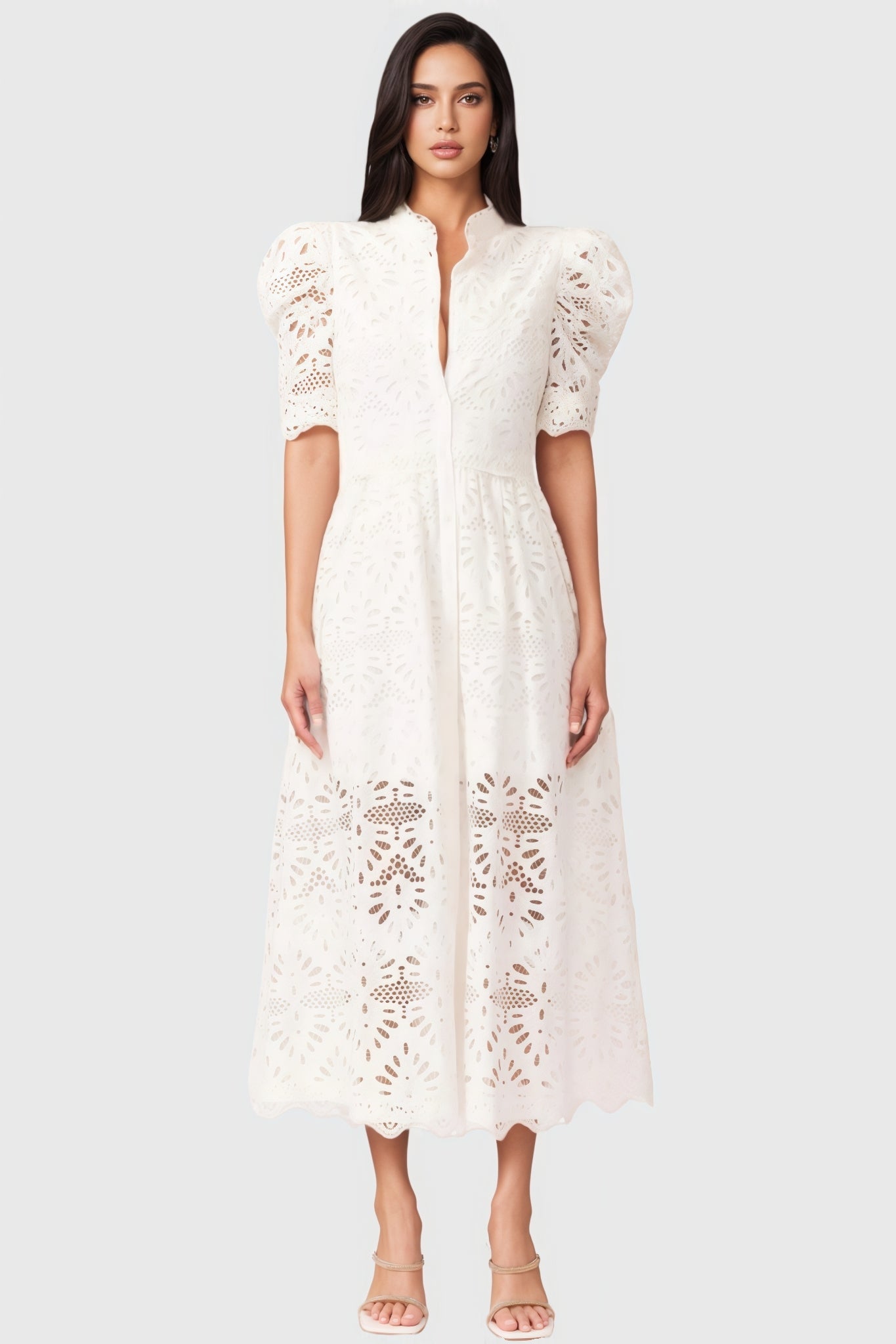 Evian White Bubble Sleeve Midi Dress