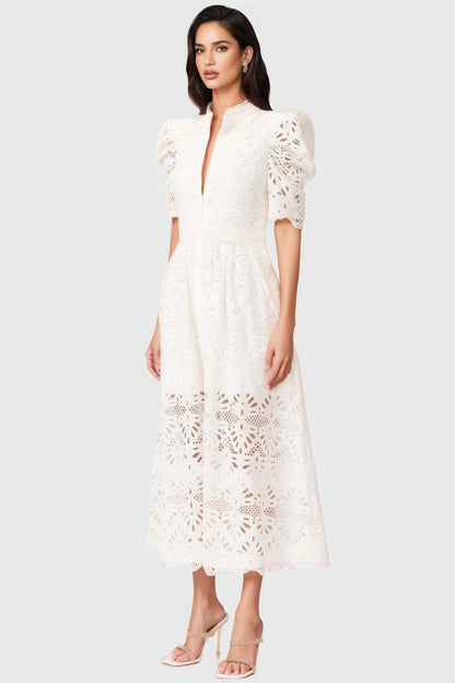Evian White Bubble Sleeve Midi Dress