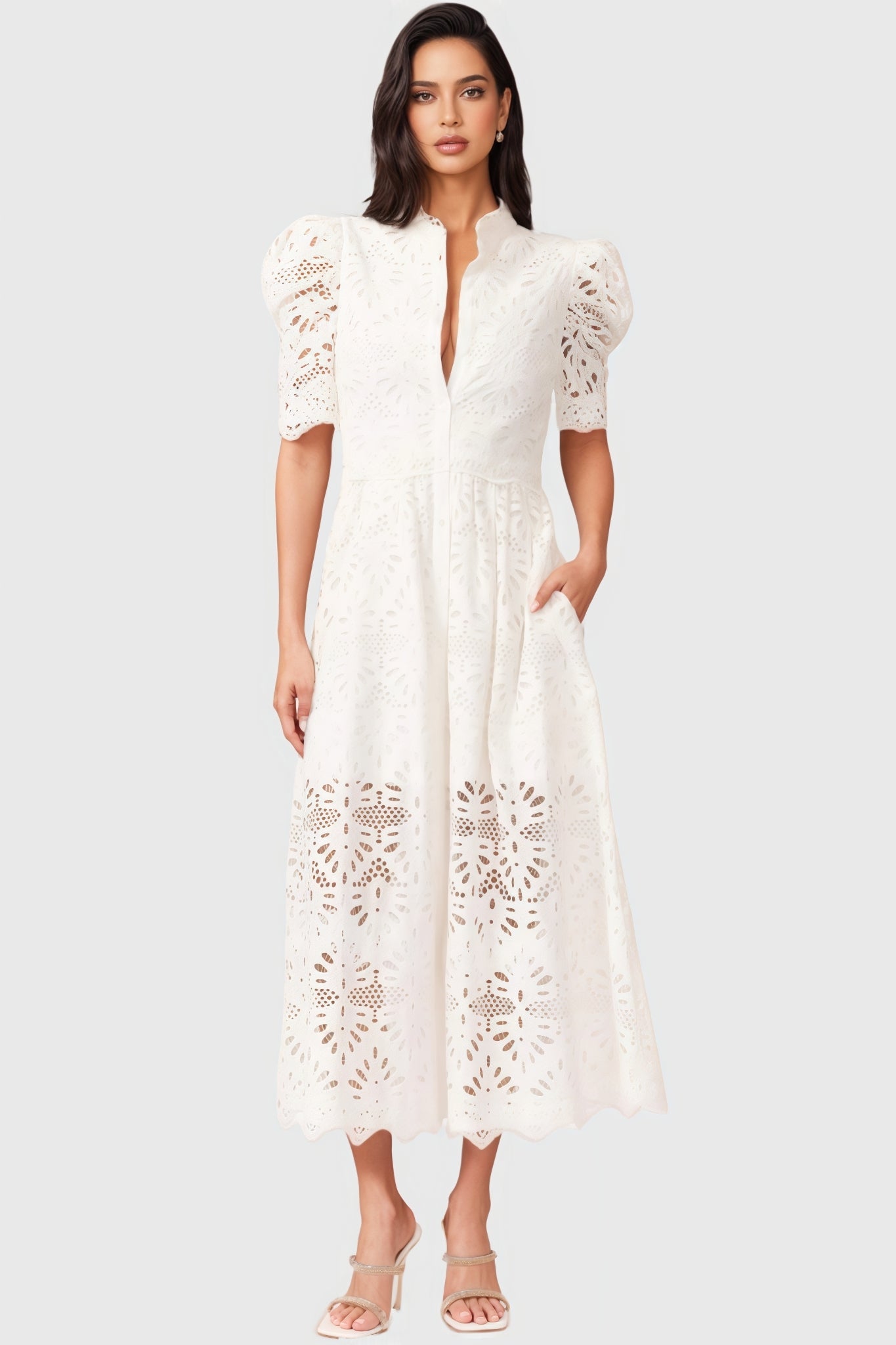 Evian White Bubble Sleeve Midi Dress