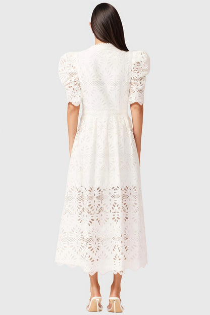 Evian White Bubble Sleeve Midi Dress