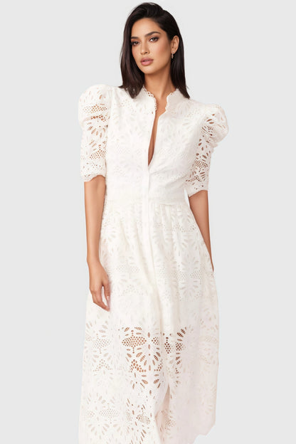 Evian White Bubble Sleeve Midi Dress