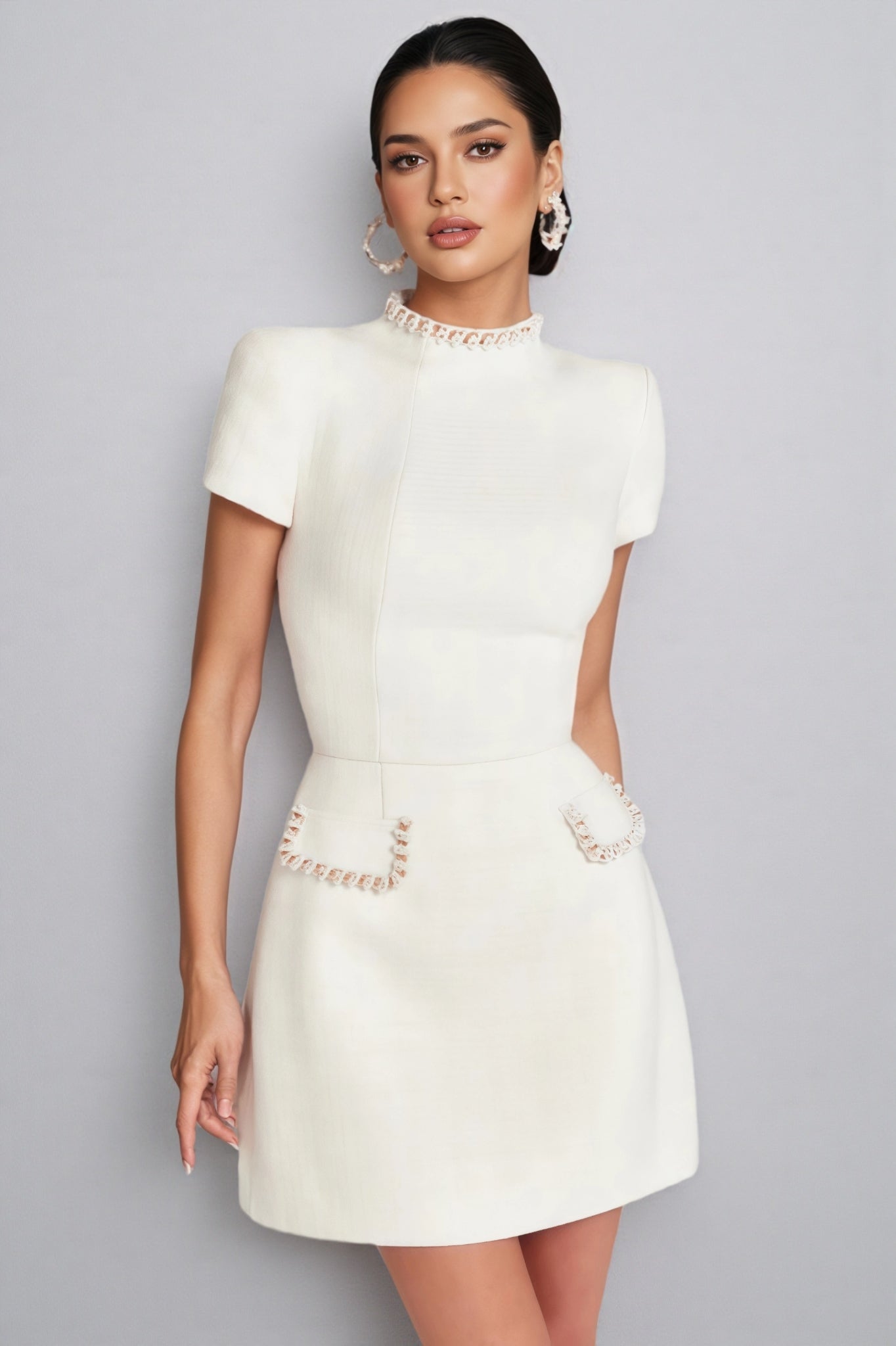Adela White Beaded Chambray Mini Dress