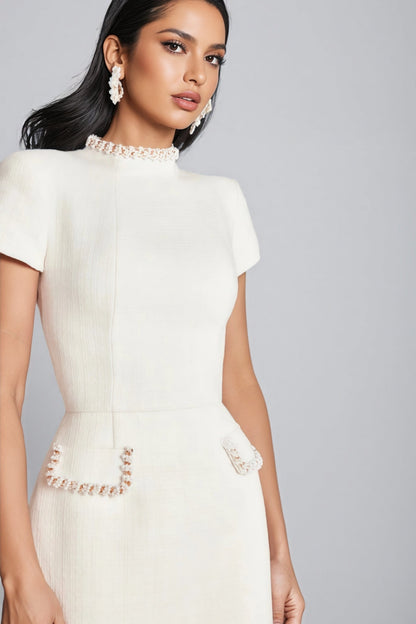 Adela White Beaded Chambray Mini Dress