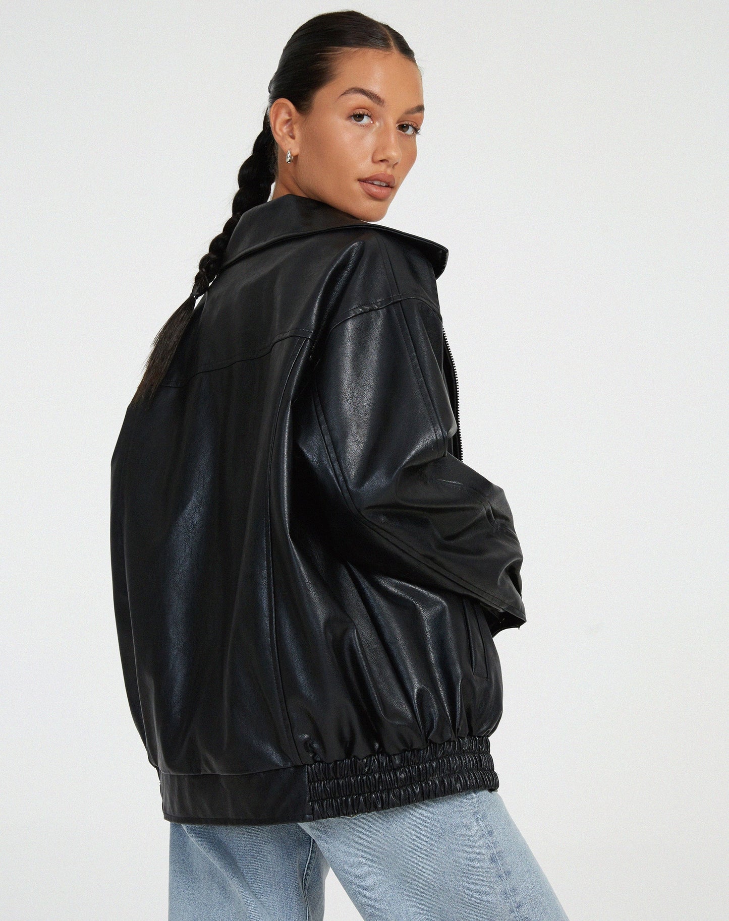 | Women’s Oversized Leather Bomber Jacket