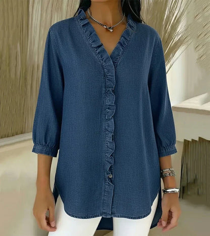 Women’s V-Neck Denim Blouse - Long Sleeve Ruffle Detail Top