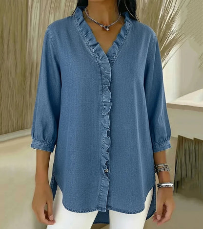 Women’s V-Neck Denim Blouse - Long Sleeve Ruffle Detail Top