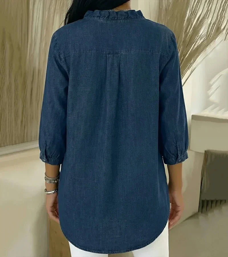 Women’s V-Neck Denim Blouse - Long Sleeve Ruffle Detail Top