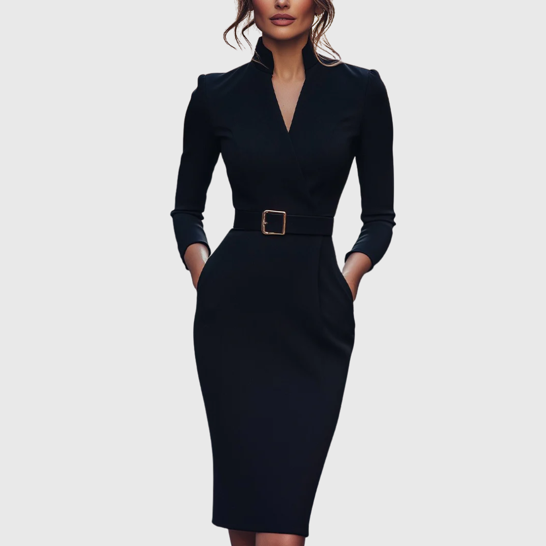 The Eva — Belted Midi Dress with V-Neckline