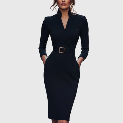 The Eva — Belted Midi Dress with V-Neckline