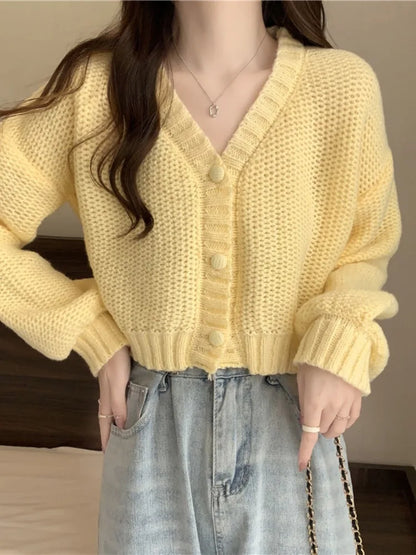 Slim Solid V-Neck Button-Up Knitted Cardigan for Women