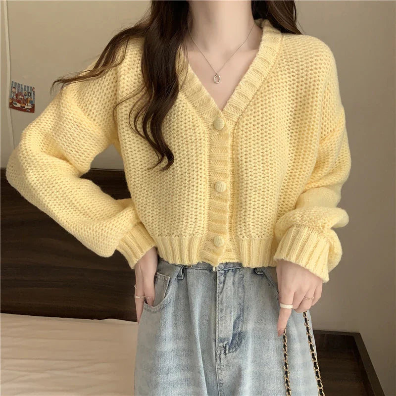 Slim Solid V-Neck Button-Up Knitted Cardigan for Women