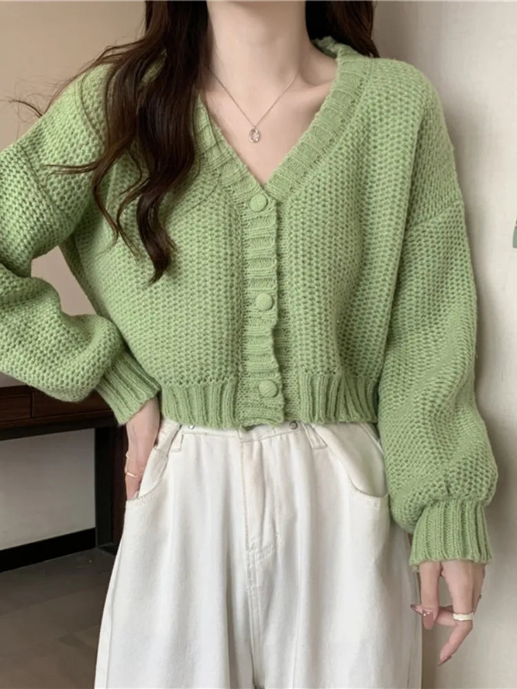 Slim Solid V-Neck Button-Up Knitted Cardigan for Women