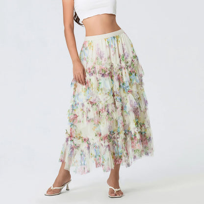 Early Fall Floral Print Ruffle Mesh Skirt Women A-line Midi