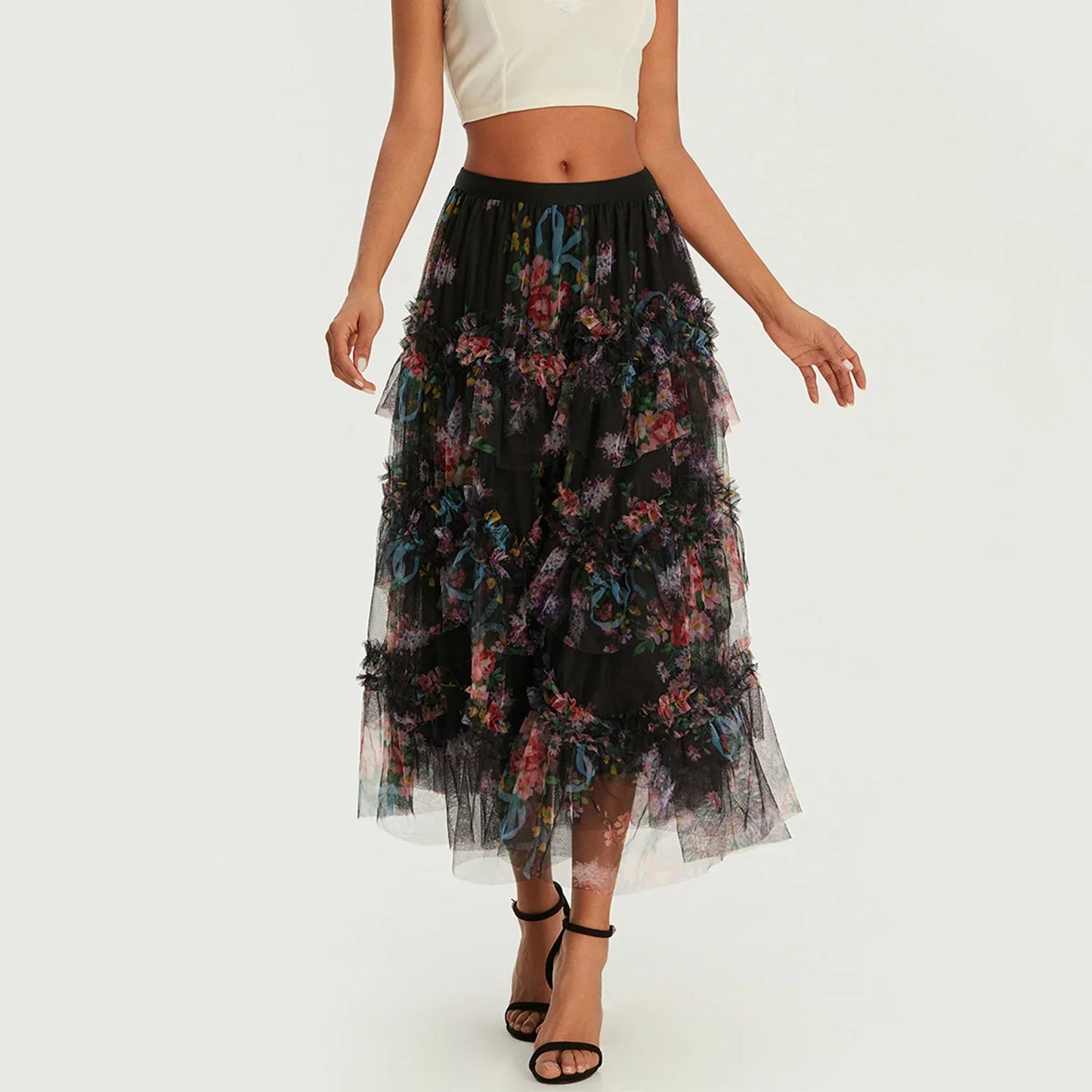 Early Fall Floral Print Ruffle Mesh Skirt Women A-line Midi