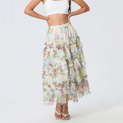 Early Fall Floral Print Ruffle Mesh Skirt Women A-line Midi
