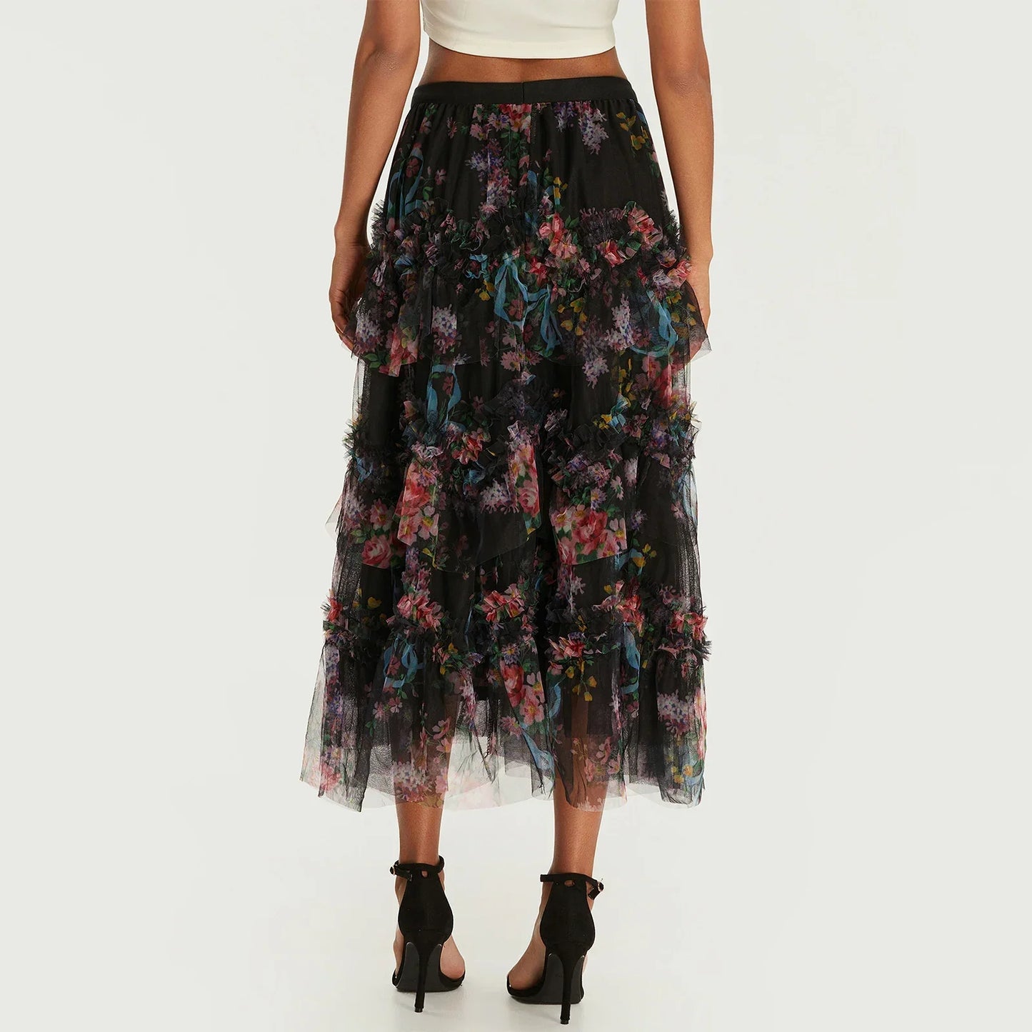 Early Fall Floral Print Ruffle Mesh Skirt Women A-line Midi