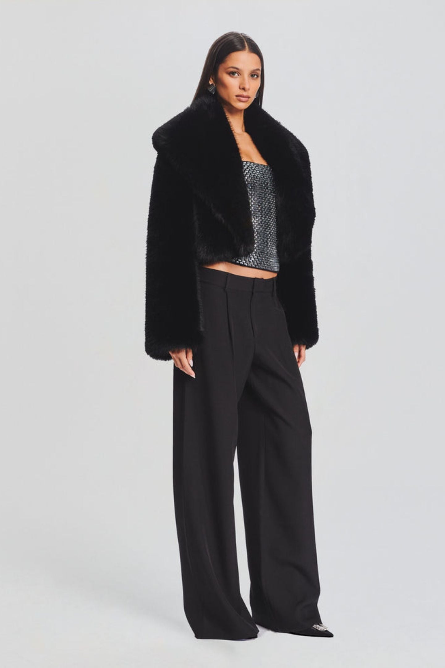 Maud Cropped Shawl Collar Faux Fur Jacket
