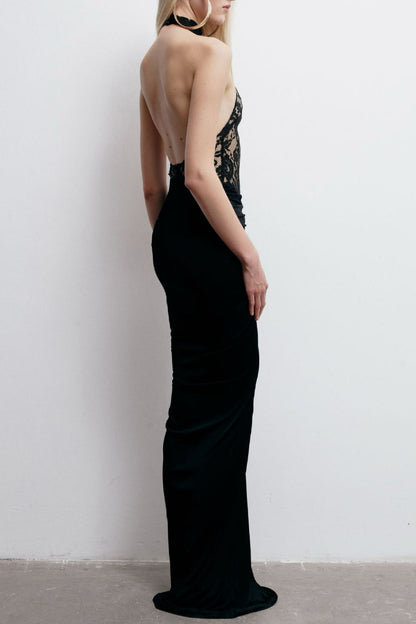 Eileen Halter Lace Ruched Maxi Dress