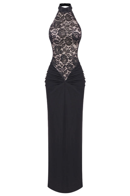 Eileen Halter Lace Ruched Maxi Dress