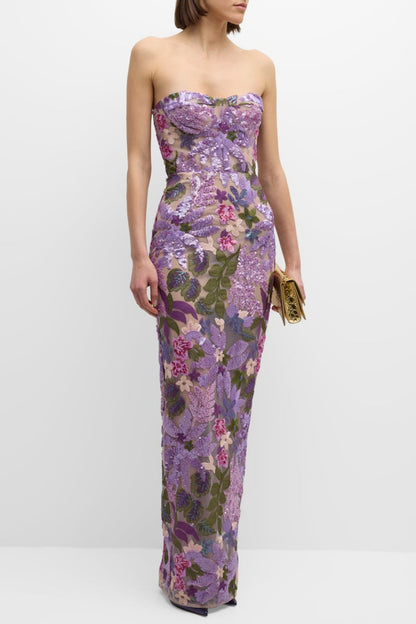 Elara Floral Sequin Embroidered Strapless Maxi Dress - Purple