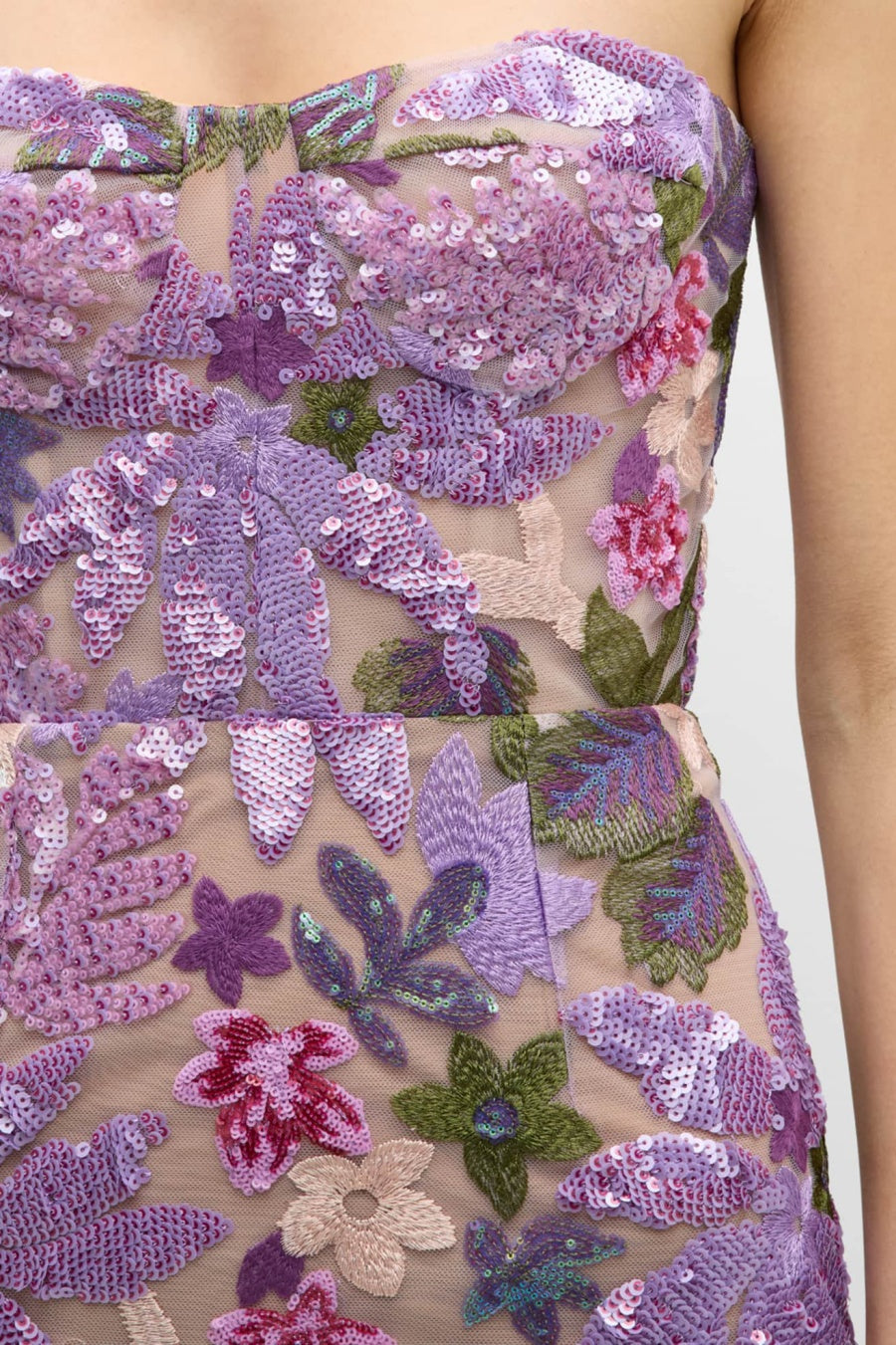 Elara Floral Sequin Embroidered Strapless Maxi Dress - Purple