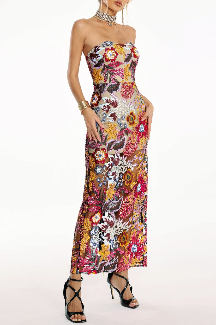 Elara Floral Sequin Embroidered Strapless Maxi Dress - Red
