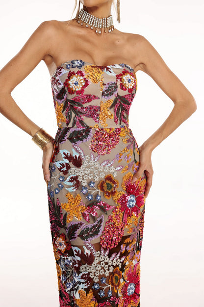 Elara Floral Sequin Embroidered Strapless Maxi Dress - Red