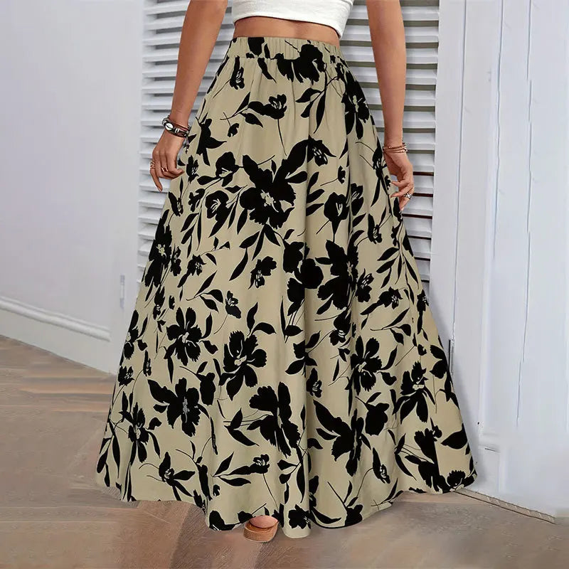 Elastic Waist Flowers Printed Women's A-line Skirt Summer Elegant