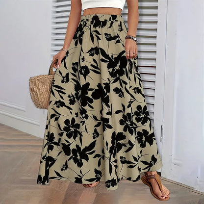 Elastic Waist Flowers Printed Women's A-line Skirt Summer Elegant