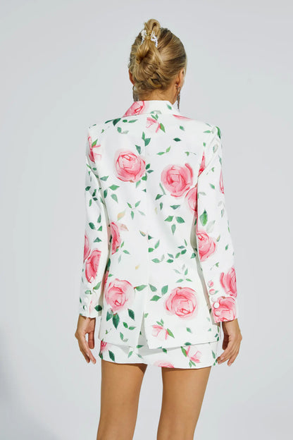 Electra White Rose Printed Blazer Set