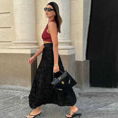 Elegant 3D Flower Solid A-Line Elastic High Waist Skirt