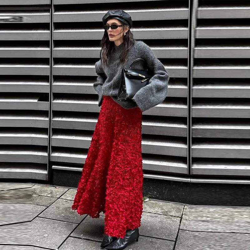 Elegant 3D Flower Solid A-Line Elastic High Waist Skirt