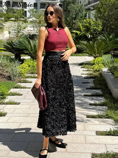 Elegant 3D Flower Solid A-Line Elastic High Waist Skirt