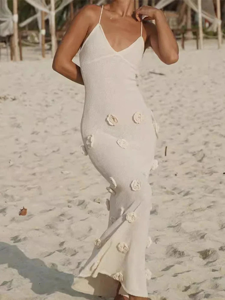 3D Flower V-neck Backless Lace-Up Maxi Floral Dress