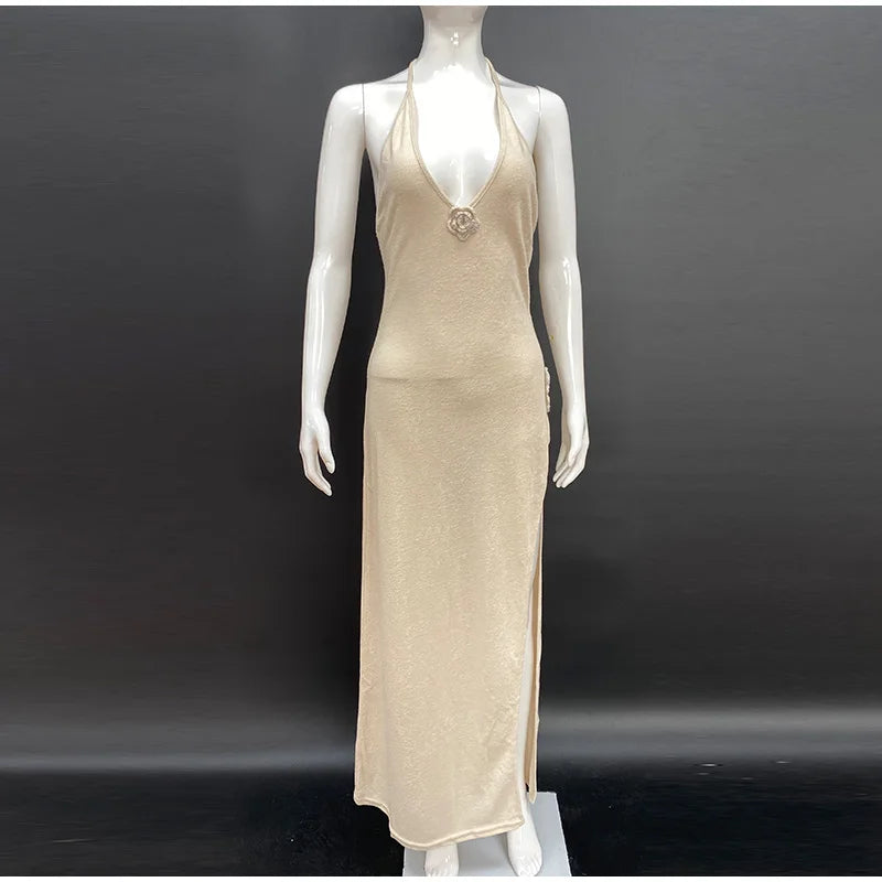 3D Flower V-neck Backless Lace-Up Maxi Floral Dress