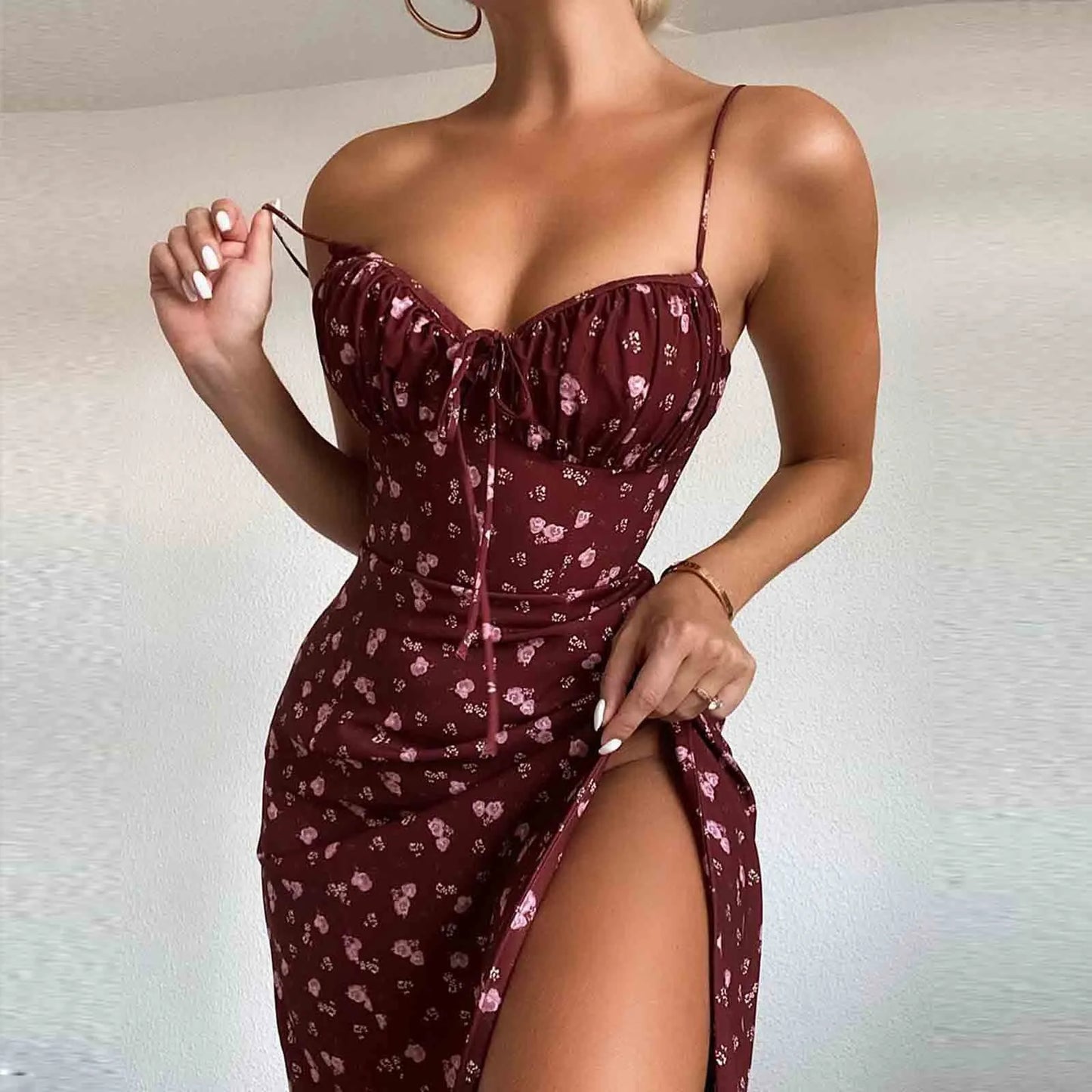 Elegant Spaghetti Strap V-Neck Flower Print Dress