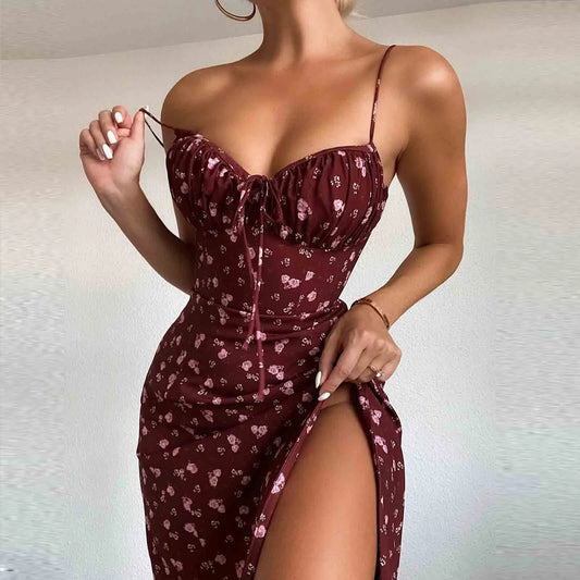 Elegant Spaghetti Strap V-Neck Flower Print Dress