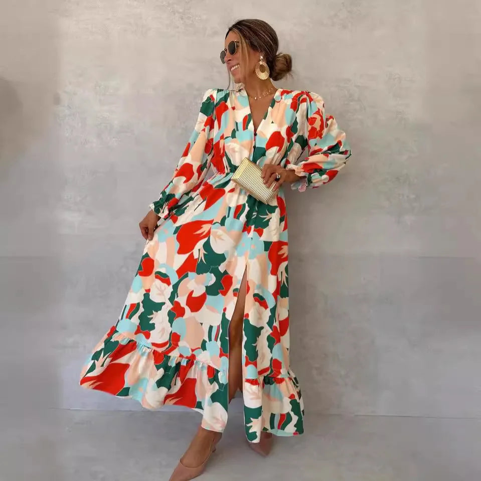 Elegant V-neck Printed Floral Dress