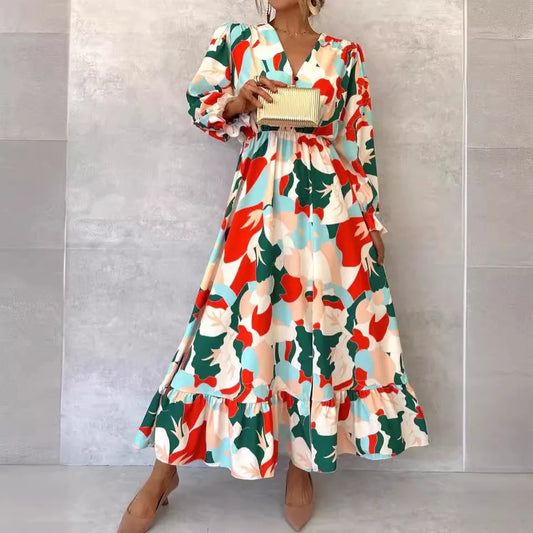 Elegant V-neck Printed Floral Dress