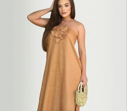 Cotton Linen Split 3D Flower Solid Sling Maxi Dress