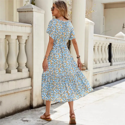 Floral Ruffles Belted Midi Floral Dress