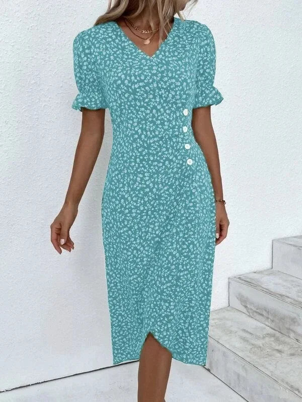 Elegant Floral Midi Puff Sleeve Ruched Waist Floral Dress