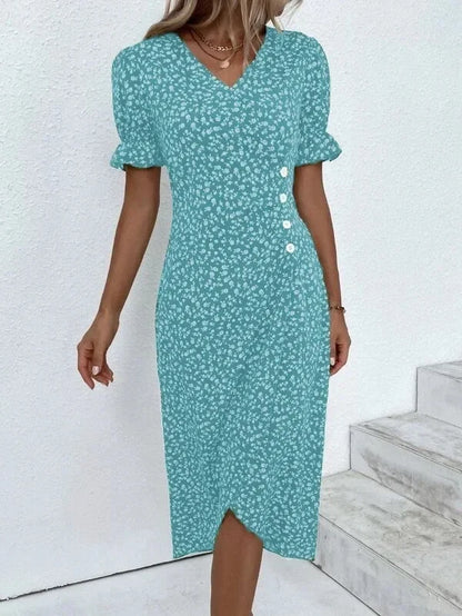 Elegant Floral Midi Puff Sleeve Ruched Waist Floral Dress