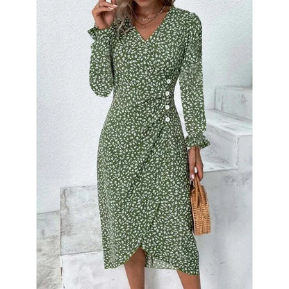 Elegant Floral Midi Puff Sleeve Ruched Waist Floral Dress