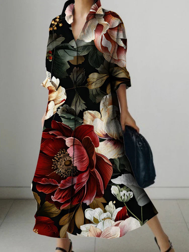Elegant Floral Print Long Sleeve Knee Dress