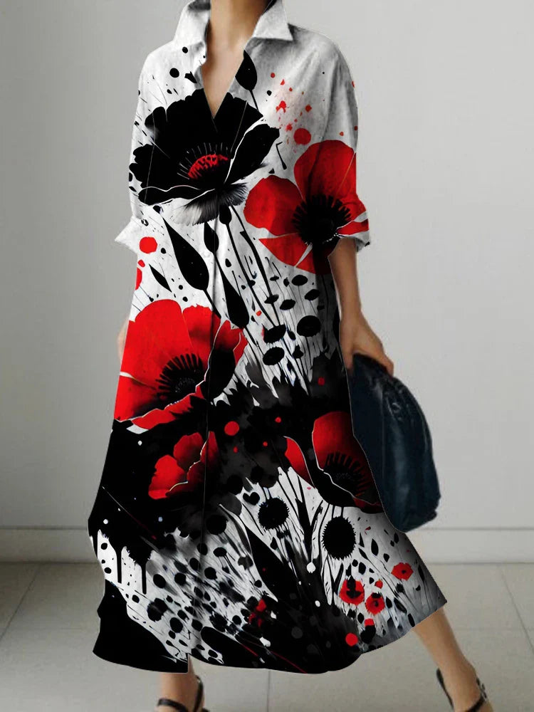 Elegant Floral Print Long Sleeve Knee Dress