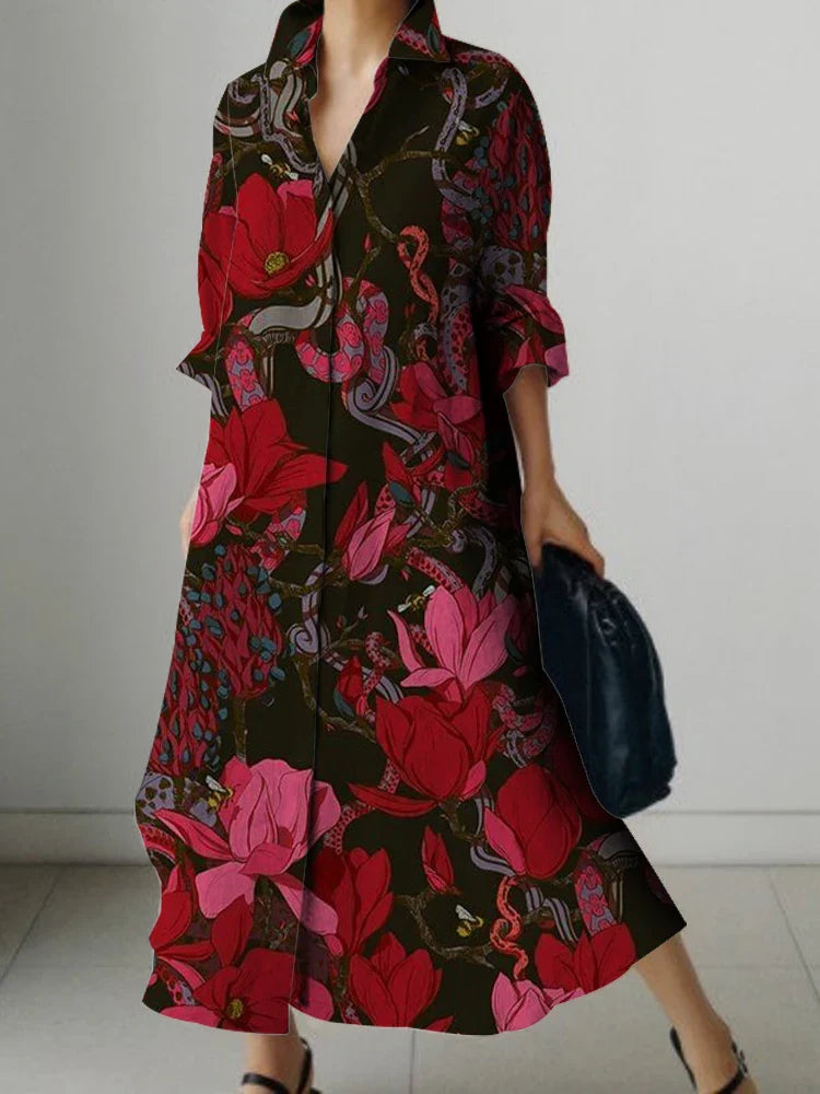 Elegant Floral Print Long Sleeve Knee Dress